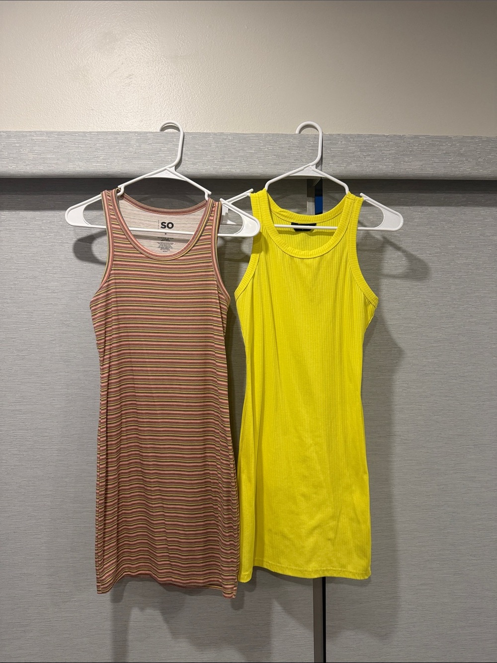 SO Striped Tank Dress - Pink/Brown & Chic Me Neon Yellow Ribbed Tank Dress